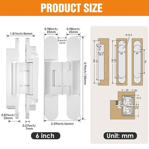 Image showing dimensions and measurements of 6 Inch Hidden Door Hinges Concealed Invisible Joint Hardware for installation.