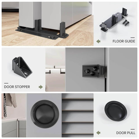 Double Sliding Pocket Door Bypass Hardware Kit 5ft Aluminum Track Pro Grade Quiet Glide Smooth Rollers Easy Install Bypassing Closet Door Rail Black Finish Heavy Duty Commercial Style components including floor guide, door stopper, and door pull.