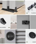 Bypass Double Sliding Pocket Door Hardware Kit For 4 Ft By 48 Inch Track, showing floor guide, door stopper, door pull.