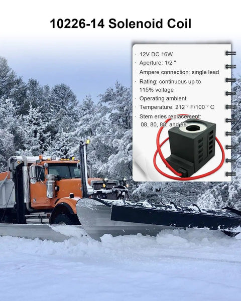 12V DC 16W Solenoid Coil With Single Lead Wire For Hydraulic Power Units in snowplow setup, compatible with Valve Stem Series 08 80 88 98