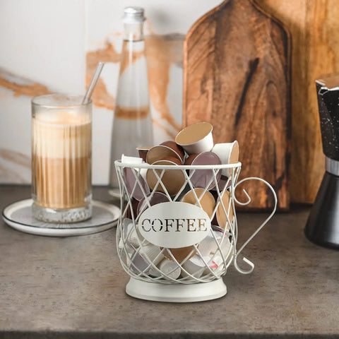 White Wire K Cup Storage Organizer For 35 Pods Space Saving Coffee Pod Holder on kitchen counter