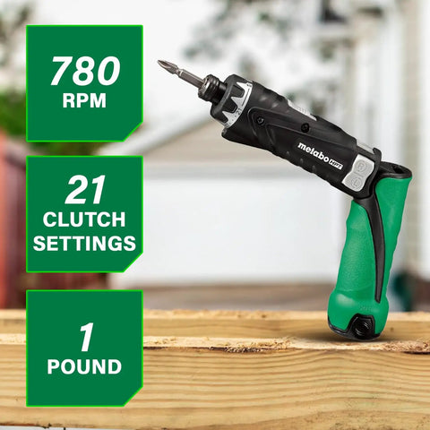 Cordless Screwdriver Kit 3.6V with Dual Position Handle shown on wooden surface, highlighting 780 RPM, 21 clutch settings, weighs 1 pound.