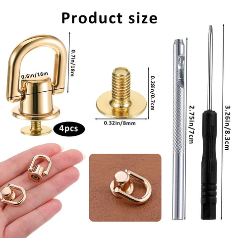 Heavy Duty 360 Degree Rotatable D Rings For Purses And Bags Includes Screws Punch Tool And Screwdriver Ideal For Crossbody Conversion Kits DIY Handbag Leather Straps Belts And Dog Collars In Light Gold, 4pcs