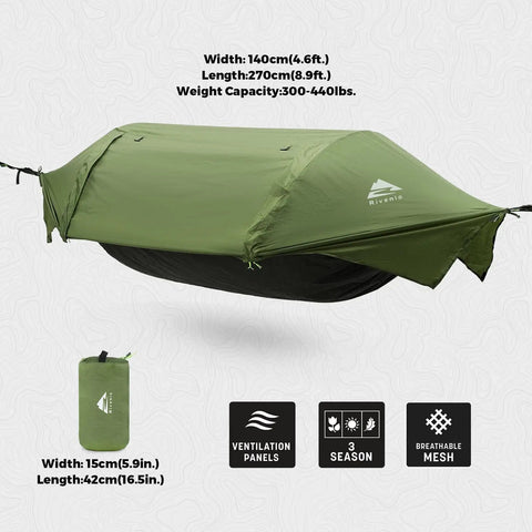3 In 1 Camping Hammock Tent With Mosquito Net And Rain Fly, shown in green, waterproof, with dimension details displayed.