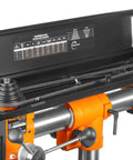 Close-up of Six Point Two Amp Thirty Three Inch Radial Arm Drill Press For Benchtop Use With Five Speeds And Cast Iron Construction.