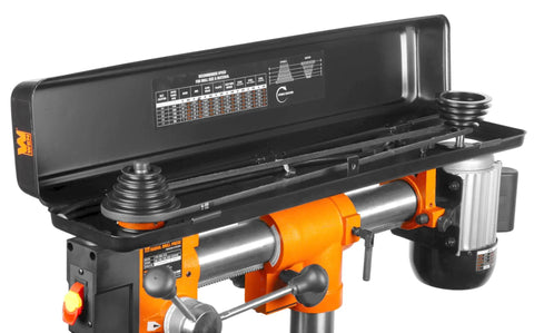 Close-up of Six Point Two Amp Thirty Three Inch Radial Arm Drill Press For Benchtop Use With Five Speeds And Cast Iron Construction.
