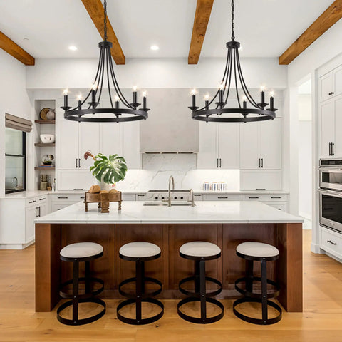 Black Farmhouse Wagon Wheel Chandelier With Six Lights, 24 Inch Rustic Pendant Ceiling Light in modern kitchen setting.