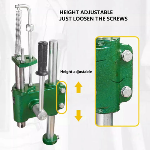 Built Like A Tank Heavy Duty Manual Arbor Press 700 Lbs Capacity showing height adjustment feature with bolts and spring mechanism.