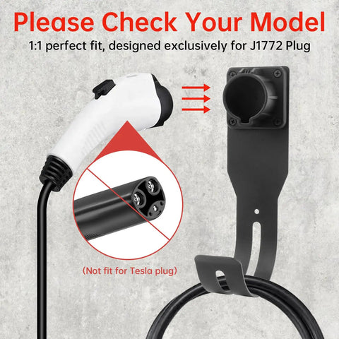 EV Charger Wall Mount Kit With J Hook Cable Holder For SAE J1772 Connectors shown on wall with white plug fitting.