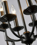 Close-up of metal arms and bulbs of the Six Light Black Farmhouse Chandelier With Globe Metal Pendant Lighting For Dining Room Living Room Kitchen And Foyer, Width 23 Inches Height 26 Inches, Adjustable Chain Up To 60 Inches, LED Compatible E12 Bulbs Not Included