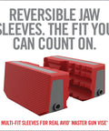 Heavy Duty Smart Jaws Bench Vise Sleeves Lock Down Firearms And Optics With Nine Precision Grooves While Blocking Heat Damage And Keeping Finishes Completely Scratch Free On The Bench, showing red reversible TP rubber jaw sleeves for secure grip.