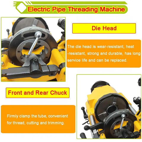 Built Tough Electric Pipe Threader Machine Combining Cutting Trimming And Threading For One Half To Three Inch NPT BSPT showing die head and chuck details.