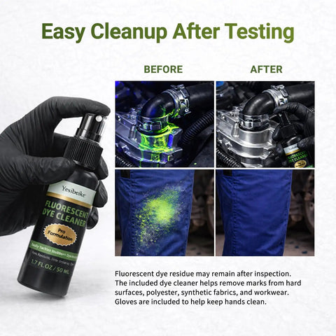 Easy Find Automotive Uv Leak Detector Dye Kit With Bright Glow Tracer quick catch for cleanup shows before and after on work surfaces.