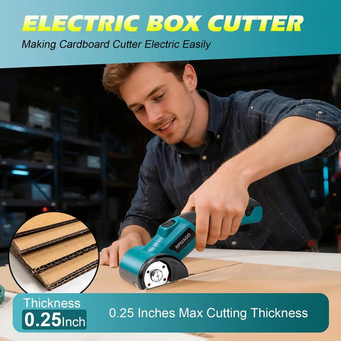 Cordless Electric Cardboard Cutter Scissors With 3000 Mh Battery being used to cut 0.25 inch thick cardboard in a workshop.