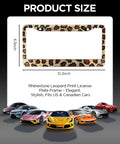 Leopard License Plate Frame Set For Women, Rhinestone Diamond Bling Aluminum Chrome Car Frames shown with dimensions and cars