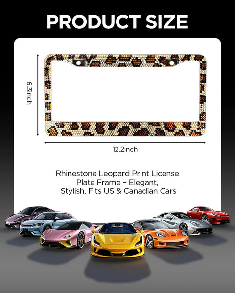 Leopard License Plate Frame Set For Women, Rhinestone Diamond Bling Aluminum Chrome Car Frames shown with dimensions and cars