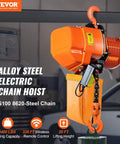 Alloy steel electric chain hoist with G100 steel chain, showing 20 ft lifting height in workshop setting.