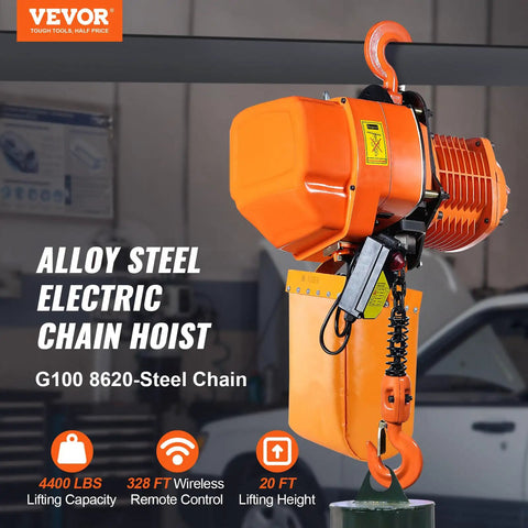 Alloy steel electric chain hoist with G100 steel chain, showing 20 ft lifting height in workshop setting.