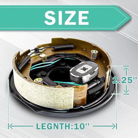 Heavy Duty 10 Inch Right Side Electric Trailer Brake Assembly Solid Steel Drum shown from above with size measurements.