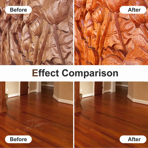 Dope Wood Scratch Repair Kit With 18 Sweet Colors And Beeswax for comparing wood surface restoration before and after.
