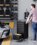 On Wheels 5-Drawer Metal Tool Cabinet Rolling Chest With Locking Keys Heavy Duty Tool Storage Organizer For Garage Shop Warehouse Workshop Durable Steel Construction And Easy Mobility, black steel on wheels