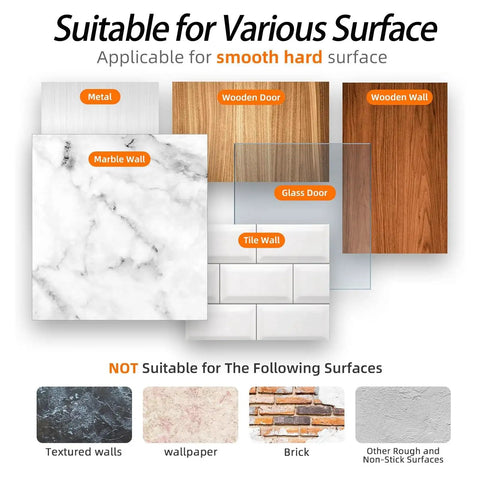 Image showing suitable surfaces for 24 Pack Rug Gripper Pads And Double Sided Carpet Tape For Area Rugs, including metal, marble, wood.