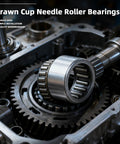 Close-up of drawn cup needle roller bearing installed in machinery.