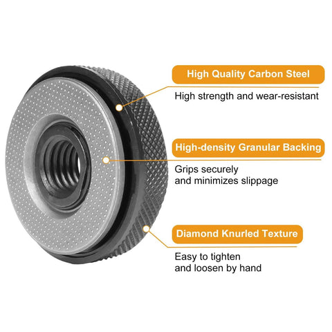 Close-up of a 5/8-11 Inch Angle Grinder Flange Nut Set - 2 Pack Quick Release Locking Nuts showing carbon steel and textured surface