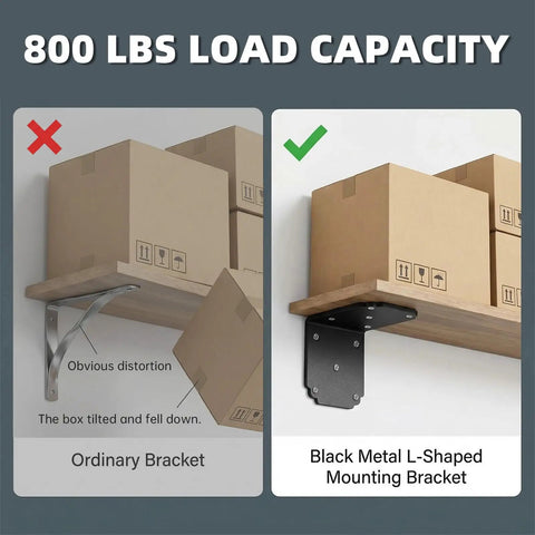 Comparison of ordinary bracket vs Black Metal L-Shaped Mounting Bracket with 800 lbs load capacity and boxes.
