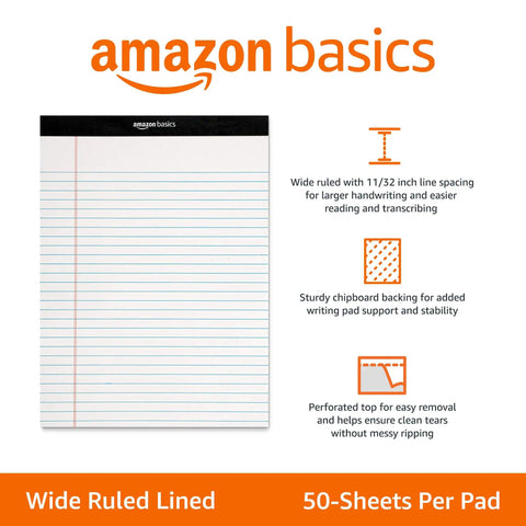 Wide Ruled Lined Writing Note Pads 12 Pack With 50 Perforated Sheets Each Letter Size White Paper And Sturdy Chipboard Backing straight top view of pad