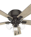 Low Profile 52 Inch Indoor Ceiling Fan With LED Lights And Pull Chain Bronze Flush Mount Five Blade Fixture For Bedroom Living Room Or Kitchen Quiet Operation Energy Efficient Cooling Crestfield 54208 Noble Bronze, viewed from below showing five blades and glass light fixtures.