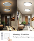 Flush Mount Ceiling Light Fixture With Remote Control, Round LED Panel 15.8 Inch, hallway installation showing dimmable feature.
