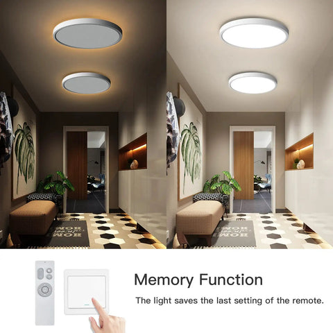 Flush Mount Ceiling Light Fixture With Remote Control, Round LED Panel 15.8 Inch, hallway installation showing dimmable feature.