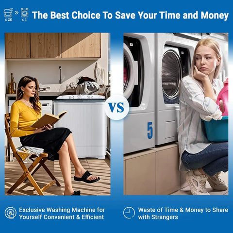 Comparison of Compact Portable Twin Tub Washer Thirty Two Pounds Semi Auto Model at home vs using public laundry machines.