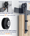 Heavy Duty Double Sliding Barn Door Hardware Kit, 15 Ft Track System With Quiet Nylon Rollers, close-up view of rail and pulley
