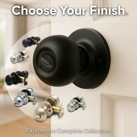 Privacy Interior Door Knob Set Matte Black, Heavy Duty Handle displayed on white door with various finish options nearby.