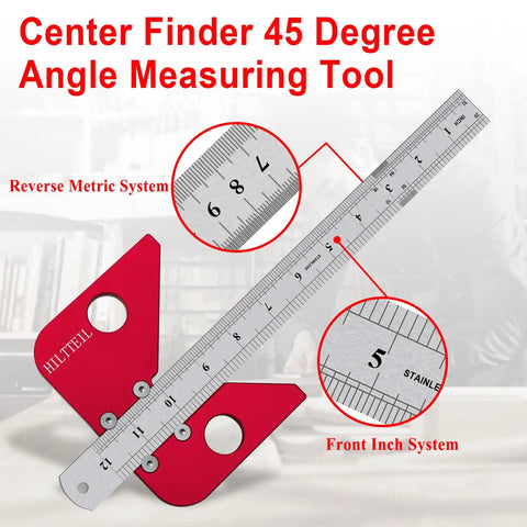 Solid As A Rock Aluminum Circle Center Finder With Forty Five Nine Zero Right Angle Square And Detachable Marking Ruler For Dead On Layouts And No Sweat Build Day Prep with metric and inch markings.