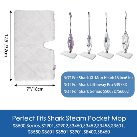 Replacement Steam Mop Pads For Shark Vacmop and Steam Pocket Mops Easy Fit For S3500 Series S3501 12.5 by 7 Inch White