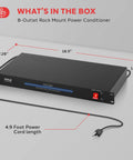 Top Tier 19 Inch Rack Mount Power Conditioner Delivering Clean Power With Eight Roomy Outlets For Gear, showing dimensions and power cord.