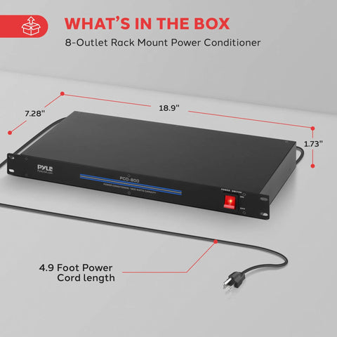 Top Tier 19 Inch Rack Mount Power Conditioner Delivering Clean Power With Eight Roomy Outlets For Gear, showing dimensions and power cord.