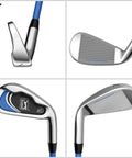 7 Piece Junior Golf Club Set For Ages 8 To 12, Right Handed, Height 56 To 62 Inches, Blue Youth Golf Gear close-up of 7 iron