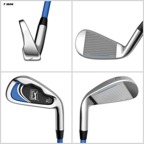 7 Piece Junior Golf Club Set For Ages 8 To 12, Right Handed, Height 56 To 62 Inches, Blue Youth Golf Gear close-up of 7 iron