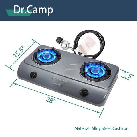 35000 BTU Two Burner Propane Gas Stove Cooktop For Outdoor Camping showing dimensions with CSA regulator
