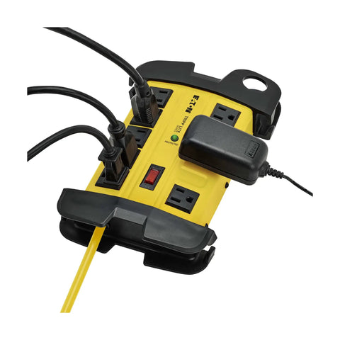 Heavy Duty Power Strip With Surge Protection 8 Outlets 3900 Joules Yellow Metal Housing with cords plugged in