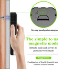 Hand holding the 8 In 1 Wall Scanner And Stud Finder with Magnetic Detector, showing magnetic detection mode on wood stud.