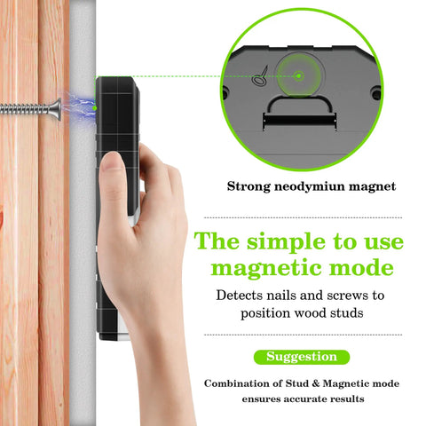 Hand holding the 8 In 1 Wall Scanner And Stud Finder with Magnetic Detector, showing magnetic detection mode on wood stud.