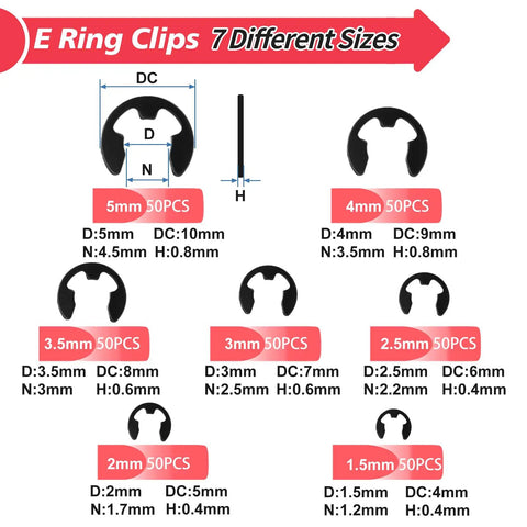 Pro Grade Clip Assortment Kit With Removal And Installation Tool 350 Pcs In Seven Sizes From 1.5mm To 5mm Clip Rings Display