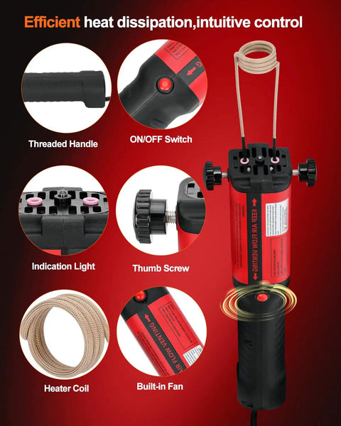 Features of the Kick Seized Bolts Loose With This 1300W Magnetic Induction Heater, including handle, switch, and fan.