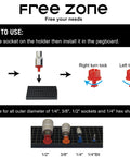 Instructional diagram showing socket installation on 68 Piece Large Pegboard Tool Organizer Set for Tool Chest, Cart, Cabinet, and Workbench Storage Black.