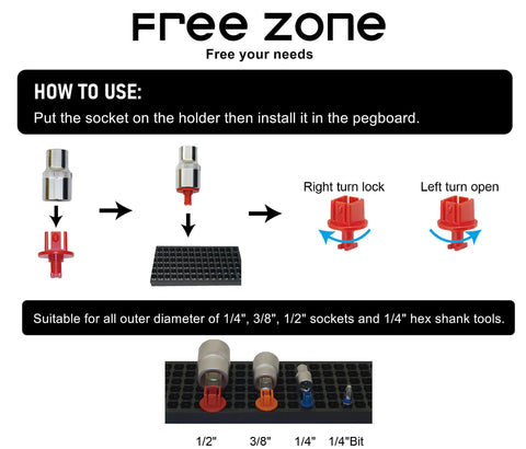 Instructional diagram showing socket installation on 68 Piece Large Pegboard Tool Organizer Set for Tool Chest, Cart, Cabinet, and Workbench Storage Black.